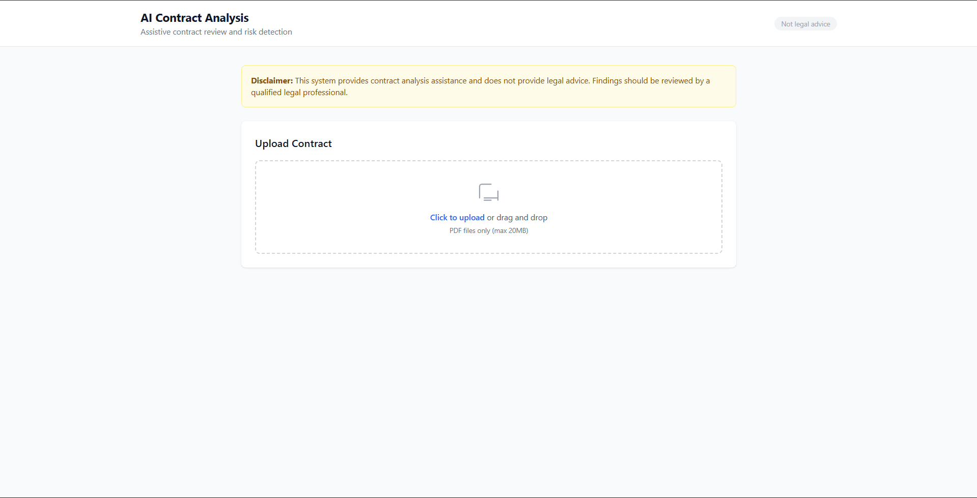 AI Contract Analysis landing page with drag-and-drop upload