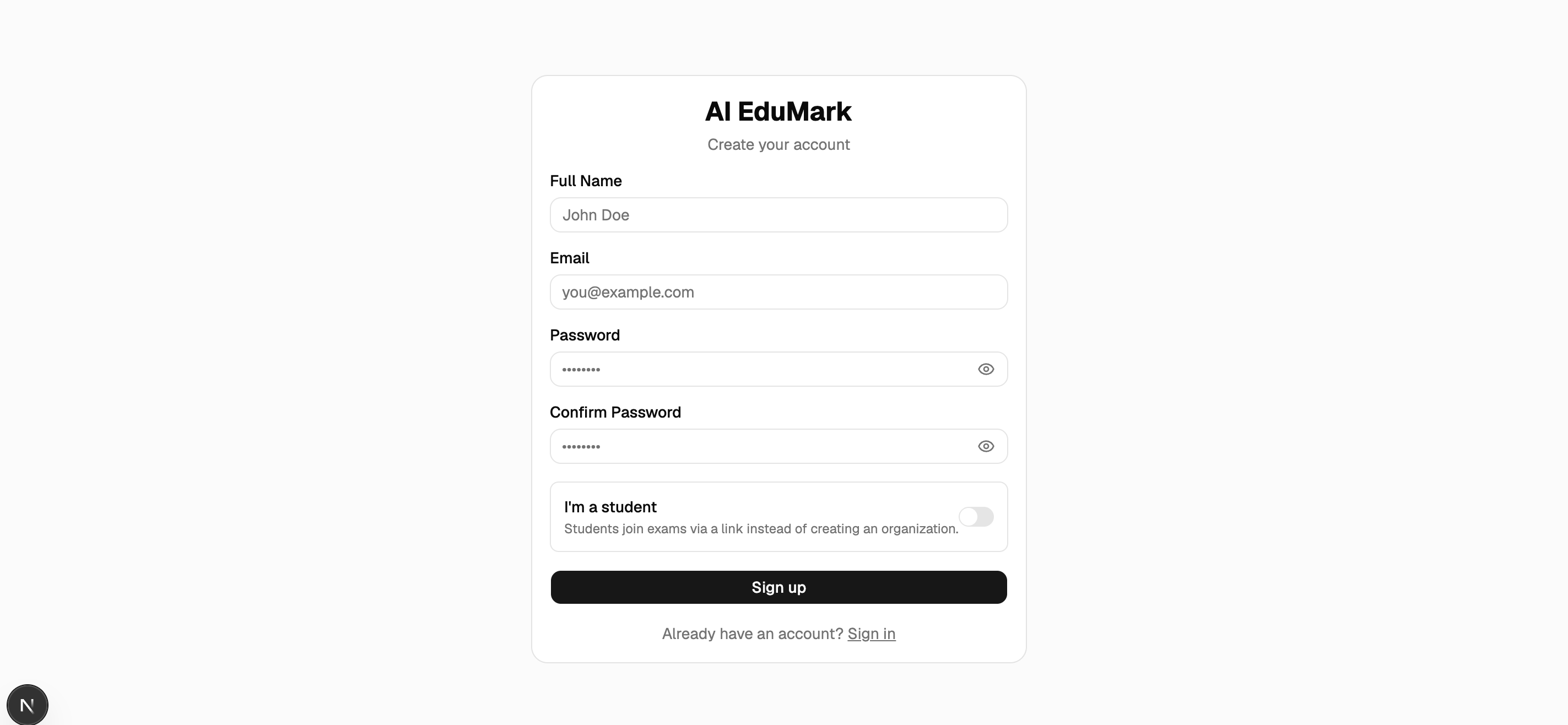 AI EduMark login page with email/password authentication