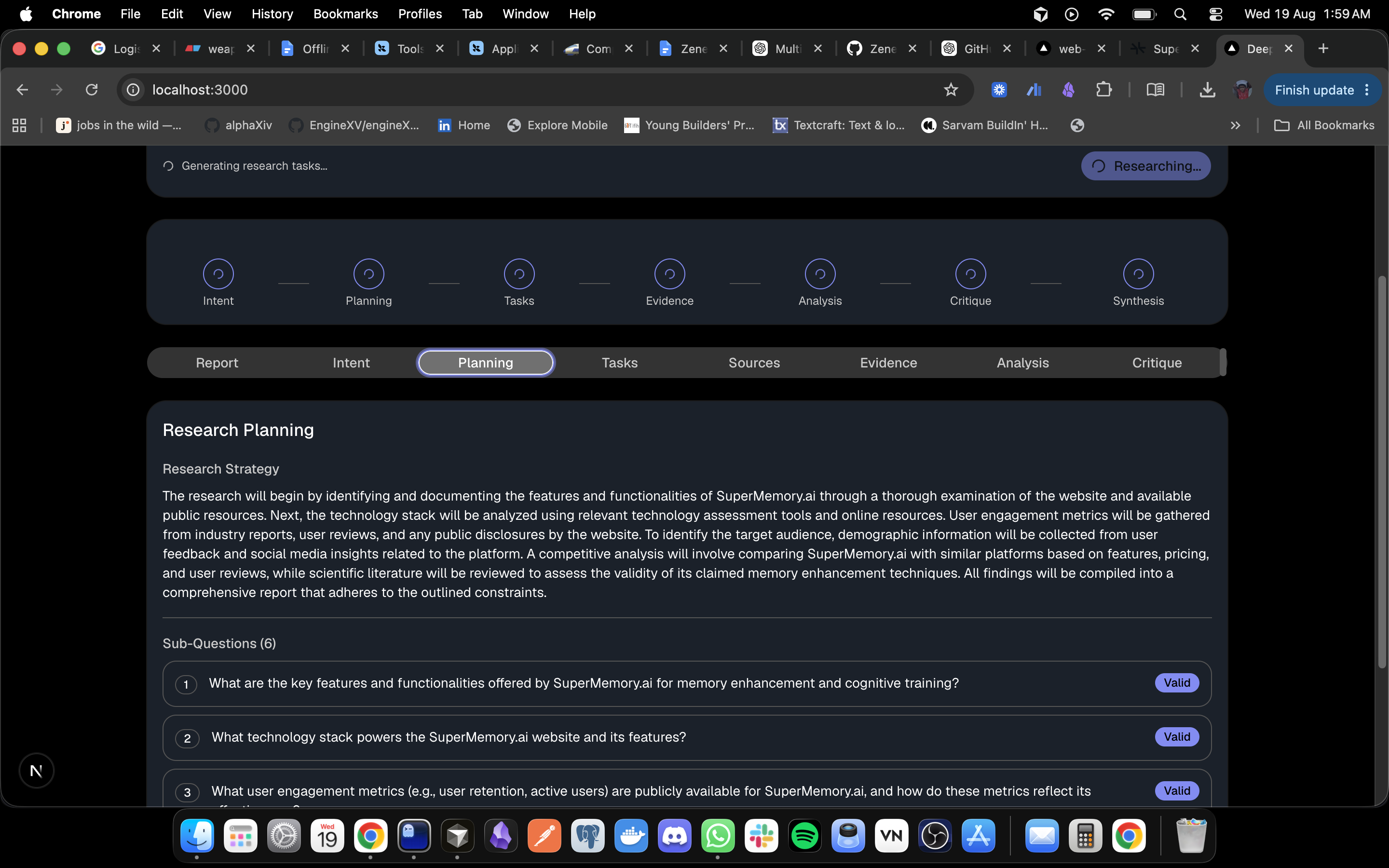 Deep research system — planning stage with sub-questions